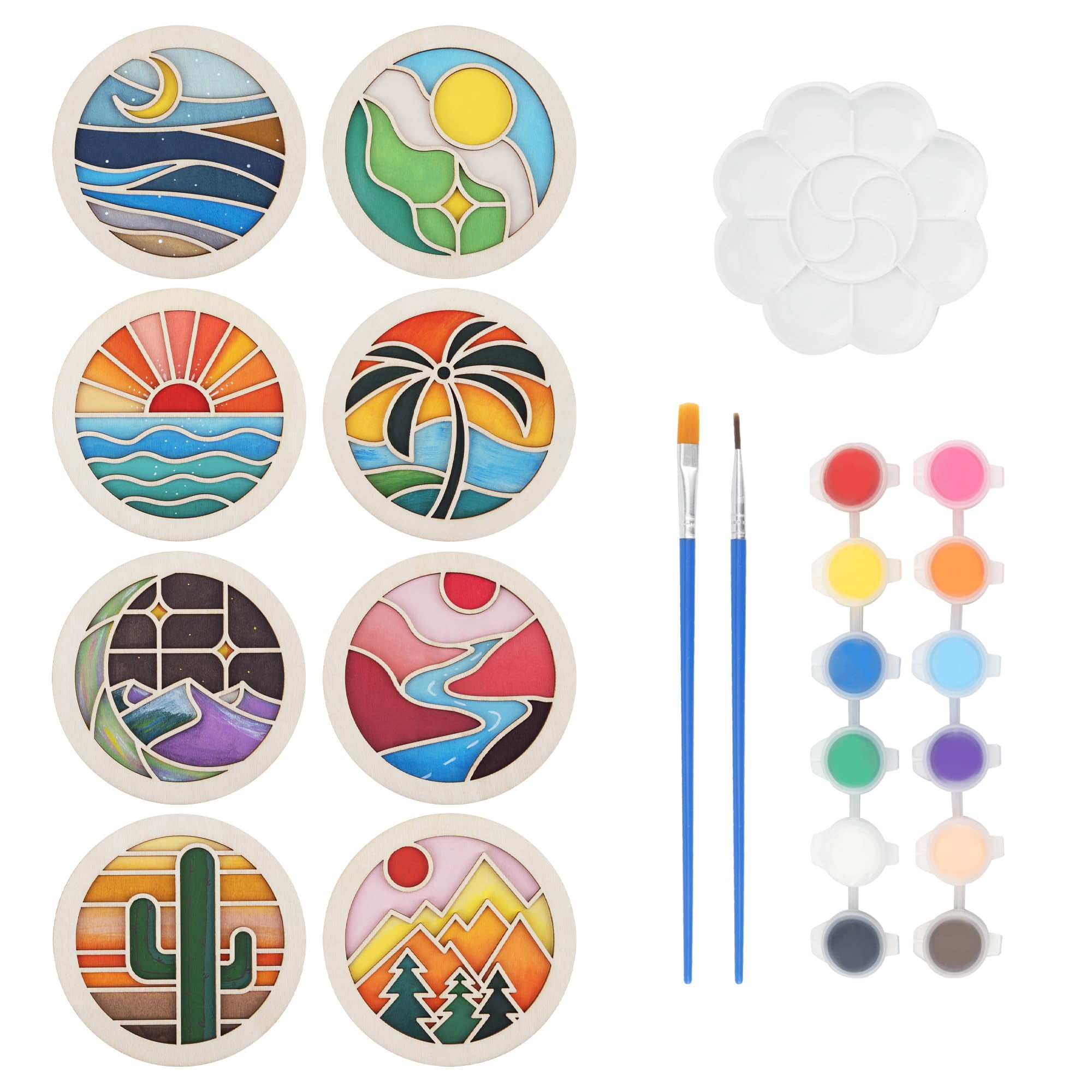 Wooden Coasters Painting Kit – Paint Your Own Coaster Craft for Adults & Beginners, 8 Coasters (3.94x3.94"), Cork Pads, Paints, Brushes, Available in Barn Quilt or Landscape