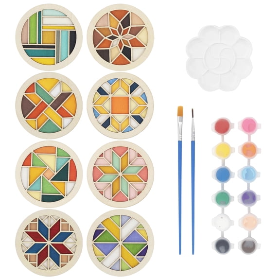 Wooden Coasters Painting Kit – Paint Your Own Coaster Craft for Adults & Beginners, 8 Coasters (3.94x3.94"), Cork Pads, Paints, Brushes, Available in Barn Quilt or Landscape