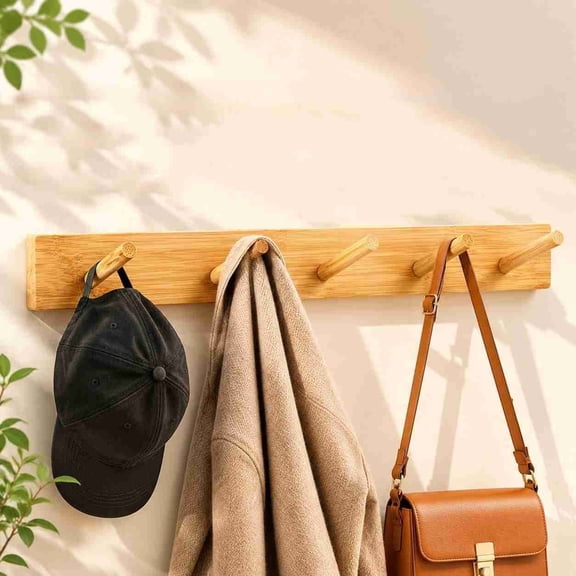 Wooden Coat Hanger with 5 Hooks, 15inch Wall Mounted Coat Rack, Decorative Wall Hooks for Entrances, Behind Doors, Living Rooms, Bathroom