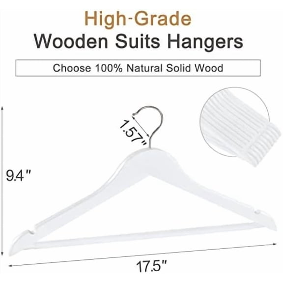 Wooden Coat Hangers 30 Pack, White Wood Suit Hangers with Non Slip Pants Bar, 360° Swivel Hook and Shoulder Notches for Camisole, Jacket, Pants, Smooth Finish Clothes Hangers -CT34W30
