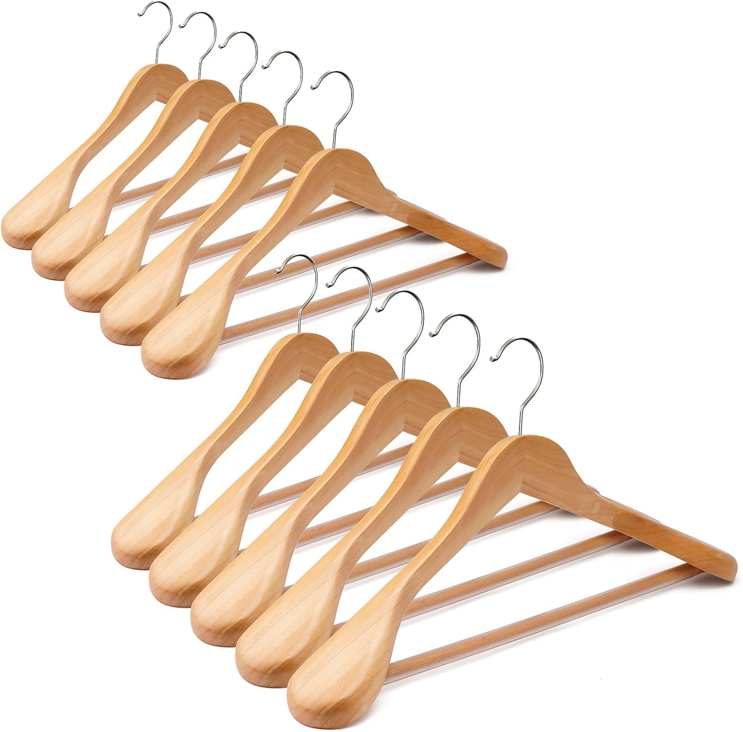 Wooden Coat Hangers - Wide Shoulder Hangers with Non Slip Pants Holder, Heavy Duty, for Men, Women, Suit, Coat, Jacket, Pants (Walnut, 10 Pack)