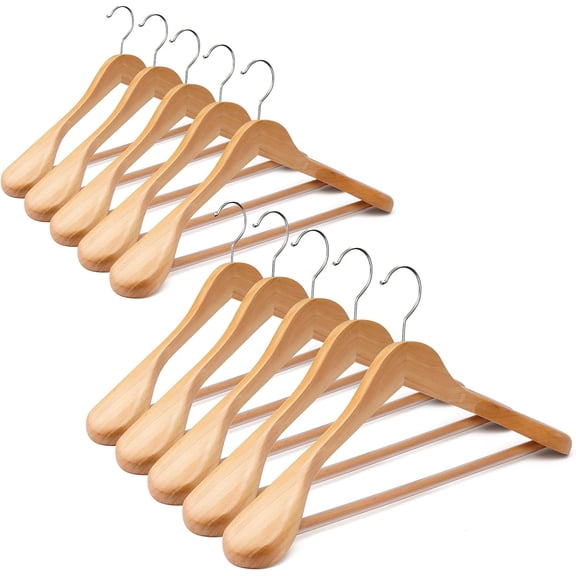Wooden Coat Hangers - Wide Shoulder Hangers with Non Slip Pants Holder, Heavy Duty, for Men, Women, Suit, Coat, Jacket, Pants (Walnut, 10 Pack)