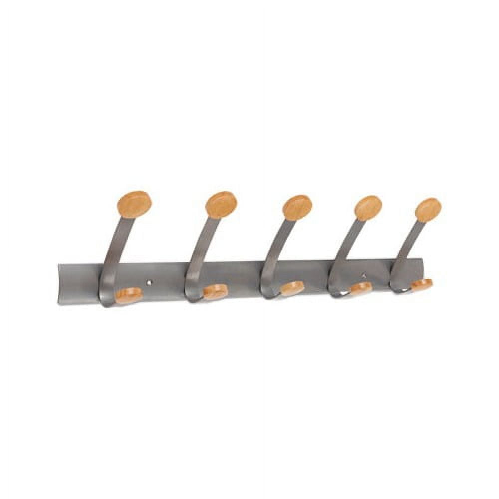 Brown and Silver Five-Peg Wooden Coat Hook Wall Rack