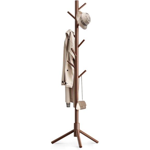 Wooden Coat Rack Freestanding with 8 Hooks,Easy Assembly Zealand Pine Tree Coat Racks, 3 Adjustable Sizes for Clothes, Hats, Bags, for Entryway, Hallway, Bedroom, Office (Brown, 1 count)