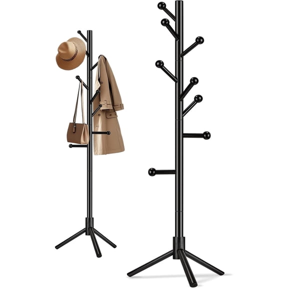 Wooden Coat Rack Freestanding, Adjustable Height Solid Wood Clothes Stand with 8 Ball-End Hooks, Stable Tripod Base, 5.7FT Floor Coat Tree for Entryway Bedroom Office, Black