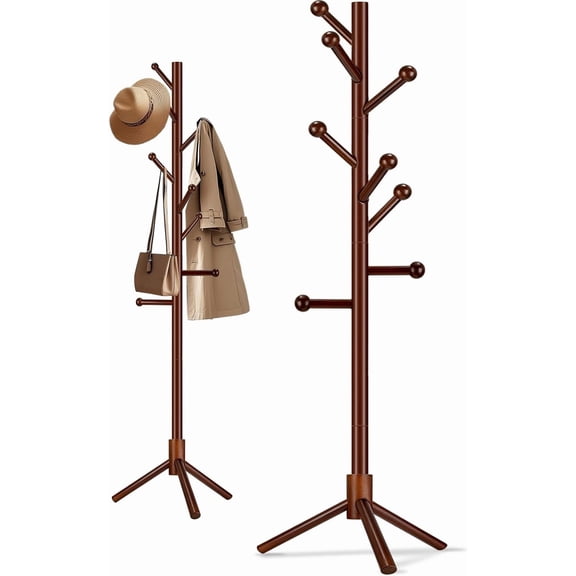 Wooden Coat Rack Freestanding, Adjustable Height Solid Wood Clothes Stand with 8 Ball-End Hooks, Stable Tripod Base, 5.7FT Floor Coat Tree for Entryway Bedroom Office, Brown