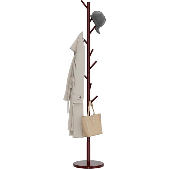 Wooden Coat Rack Freestanding Coat Tree with 4 Height Options and 9 Hooks, Sturdy Coat Rack Stand for Clothes/Bags/Hats, Easy Assemble Save Space for Entryway,Bedroom,Office,Narrow Place (Brown)