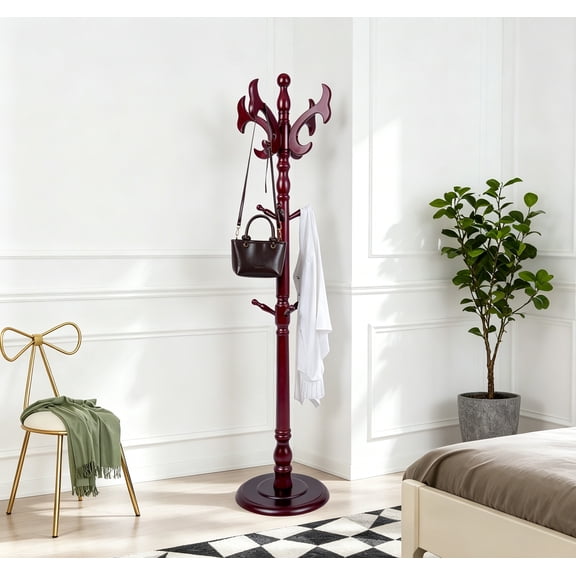 Wooden Coat Rack Freestanding, Creative Antler Hooks, Coat Hanger Stand with 14 Hooks, Adjustable Height 73", Round Base, Freestanding for Entryway, Hallway, Porch, Bedroom