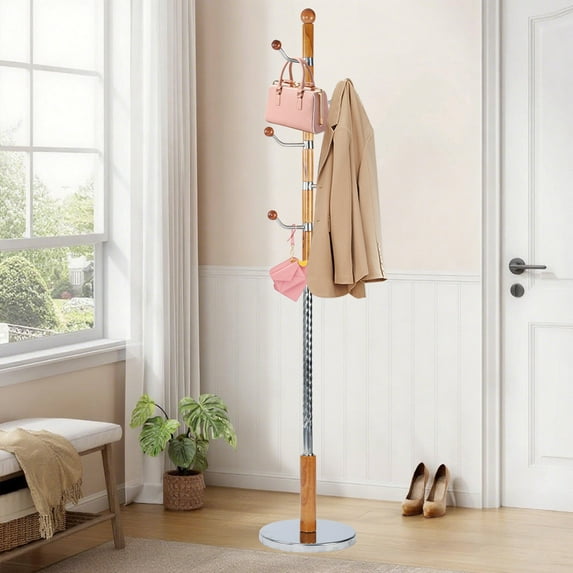 PUKNLYWooden Coat Rack Freestanding, Hall Tree Hanger with Resin Hooks, Adjustable Heavy Duty Coat Stand for Hanging Clothes, Bags, Hats, and Umbrellas in Living Room, Bedroom, Entryway, and Hallway