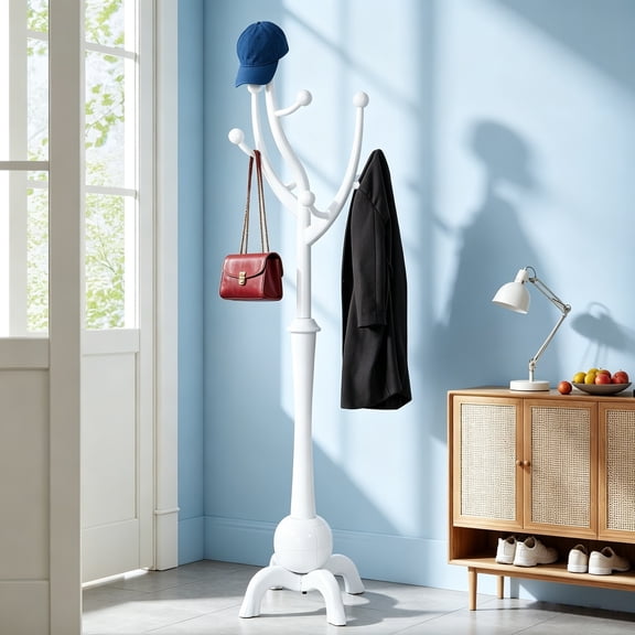 Wooden Coat Rack Freestanding with 8 Hooks, Heavy Duty Coat Hanger Stand with Stable Base, Vintage Coat Tree for Entryway, Hallway, Bedroom, White
