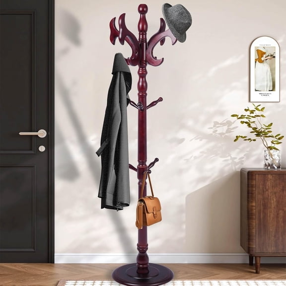 Wooden Coat Rack Freestandingwith 14 Hooks Antler Shaped, 72'' Vintage Coat Racks Tree, Adjustable Height, Coat Hanger Stand with Sturdy Base, Coat Tree Hats Hanger for Living Room, Bedroom, Entryway