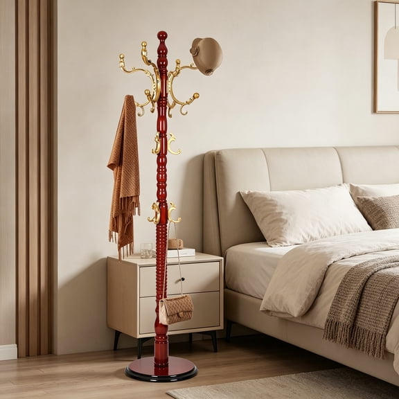 Wooden Coat Rack Stand, 72" Birch Coat Rack Freestanding, Adjustable Height, Coat Tree for Home, Bedroom, Office, Hallway, Entryway, Begonia