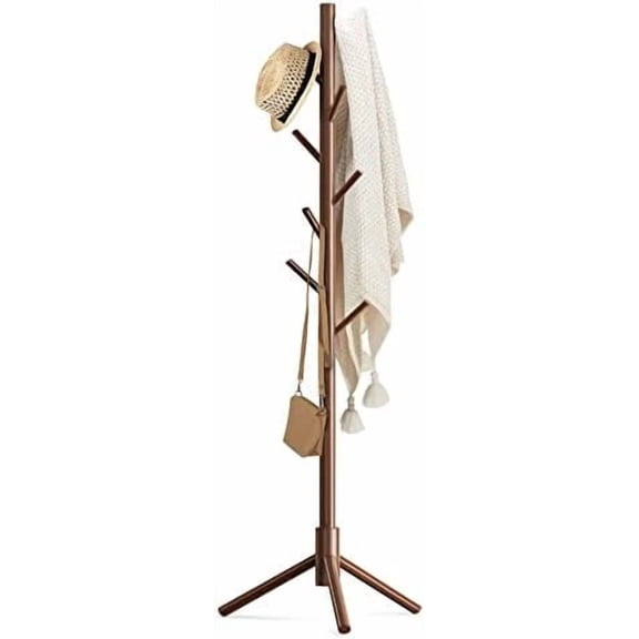 Wooden Coat Rack Stand with 8 Hooks New Zealand Pine 3 Adjustable Coat Standing Tree Easy Assembly for Coats, Hats, Scarves and Handbags for Entryway, Hallway, Bedroom, Office