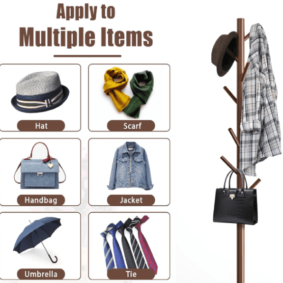 Wooden Coat Rack Stand with 8 Hooks New Zealand Pine 3 Adjustable Coat Standing Tree Easy Assembly for Coats, Hats, Scarves and Handbags for Entryway, Hallway, Bedroom, Office,2 PCS