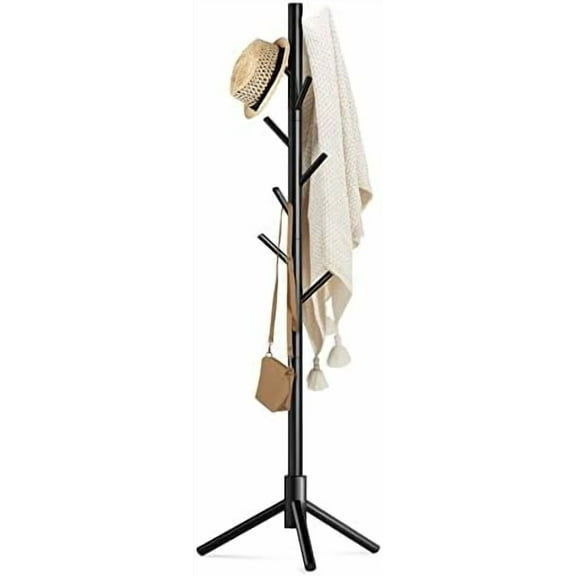 Wooden Coat Rack Stand with 8 Hooks New Zealand Pine 3 Adjustable Coat Standing Tree Easy Assembly for Coats, Hats, Scarves and Handbags for Entryway, Hallway, Bedroom, Office