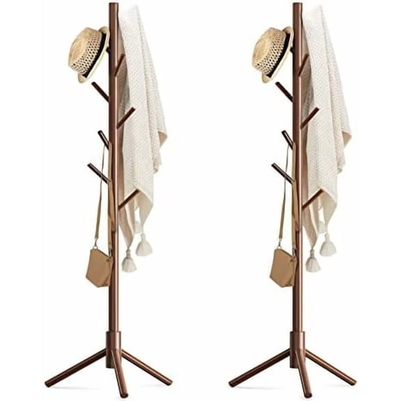 Wooden Coat Rack Stand with 8 Hooks New Zealand Pine 3 Adjustable Coat Standing Tree Easy Assembly for Coats, Hats, Scarves and Handbags for Entryway, Hallway, Bedroom, Office,2 PCS