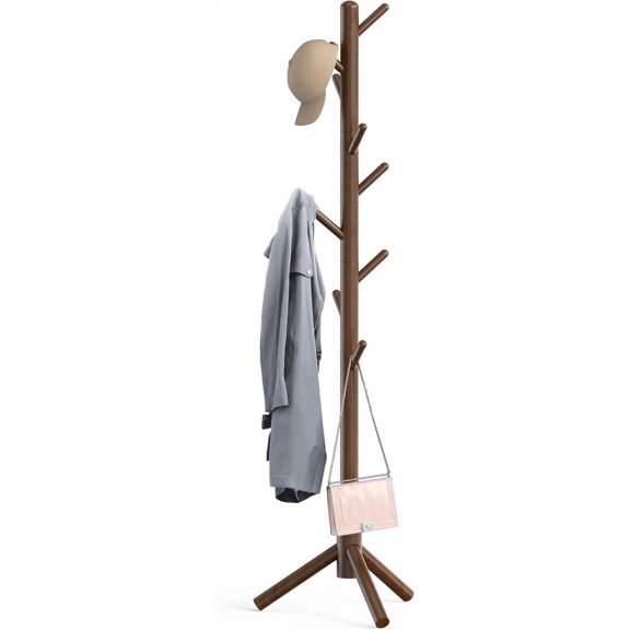 Wooden Coat Rack Stand Garment Adjustable Tree Rack, 9 Hooks, Walnut