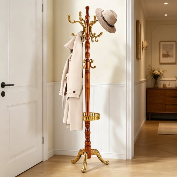 Wooden Coat Rack Stand, Heavy Duty Coat Rack Tree Freestanding with 11 Hooks and Storage Basket, Coat Tree for Jackets, Hats, Bags, Purses, Clothes, Triangular Base, Begonia