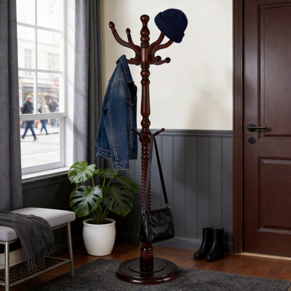 Wooden Coat Rack Stand, Heavy Duty Coat Rack Tree Freestanding with 11 Hooks and Sturdy Round Base, Coat Tree for Jackets, Hats, Bags, Purses, Clothes, Round Base, Dark Brown