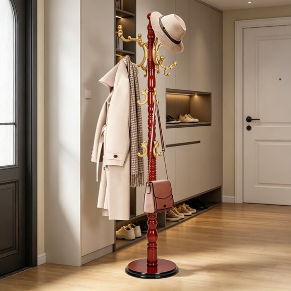 Wooden Coat Rack Stand, Heavy Duty Coat Rack Tree Freestanding with 14 Hooks and Sturdy Round Base, Coat Tree for Jackets, Hats, Bags, Purses, Clothes, Round Base, Begonia Wood