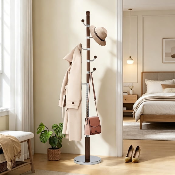 Wooden Coat Rack Stand, Heavy Duty Coat Rack Tree Freestanding with 6 Hooks and Sturdy Round Base, Coat Tree for Jackets, Hats, Bags, Purses, Clothes, Round Base, Walnut