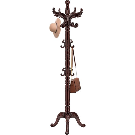 Wooden Coat Rack Stand, Natural Birch Wood Coat Rack Freestanding with Triangular Base, Sturdy Solid Wood Coat Racks with 14 Hooks, Vintage Coat Hall Clothes Tree for Entryway, Office, Corner