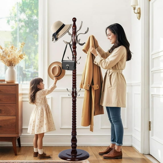Wooden Coat Rack Stand, Vintage Natural Birch Wood Coat Racks Freestanding, Solid Coat Tree Stand with 14 Hooks, Classic Sturdy Coat Racks Hall Tree for Entryway, Office