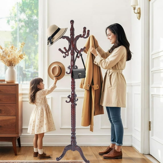 Wooden Coat Rack Stand, Vintage Natural Birch Wood Coat Racks Freestanding, Solid Coat Tree Stand with 14 Hooks, Classic Sturdy Coat Racks Hall Tree for Entryway, Office