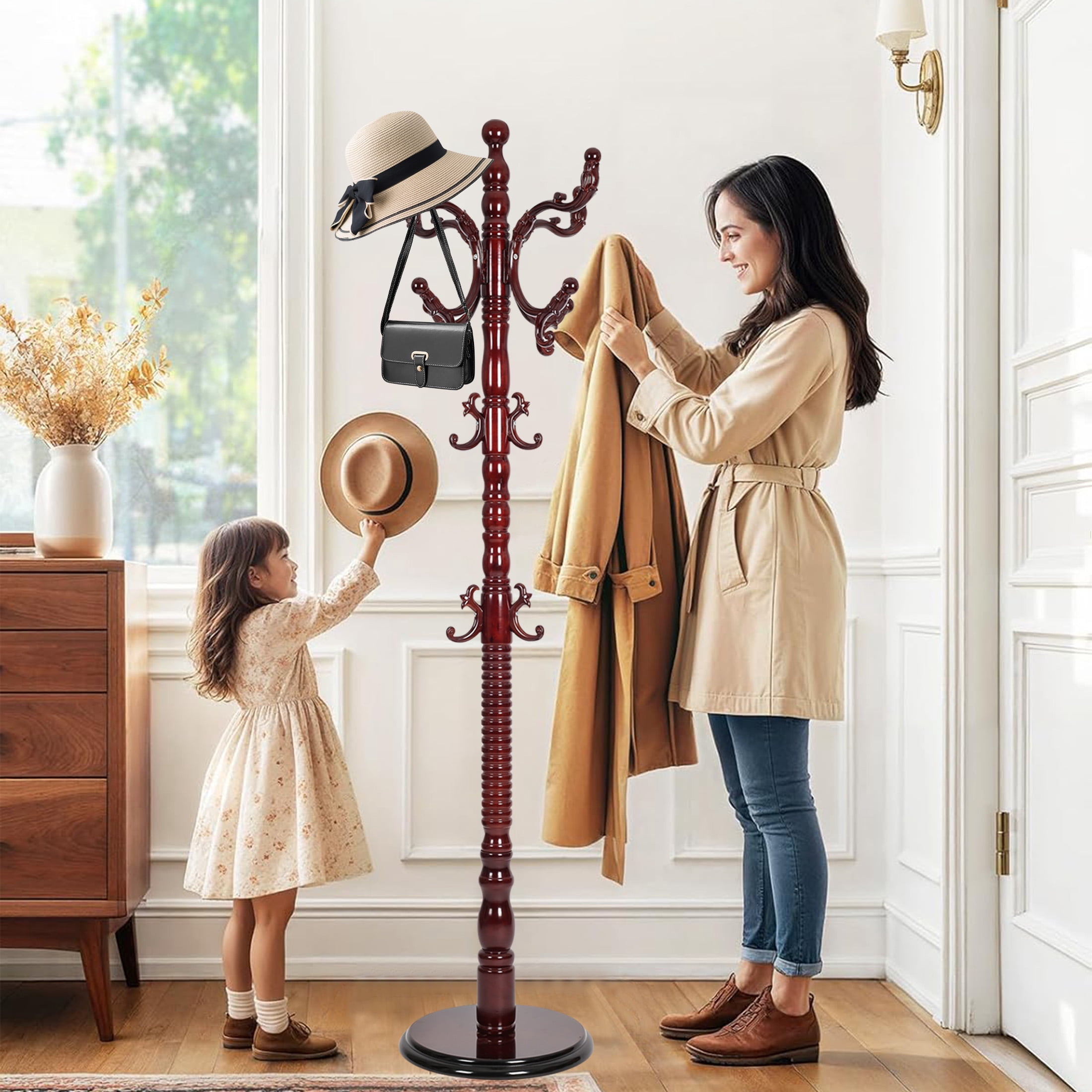 73" Wooden Coat Rack Stand With 14 Hooks - Freestanding Adjustable Height Hall Tree For Entryway (Red Sandalwood)