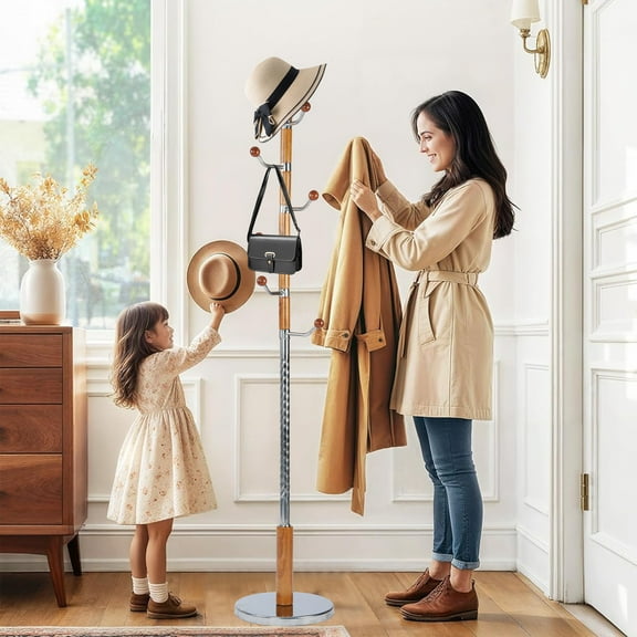 Wooden Coat Rack Stand, Vintage Natural Birch Wood Coat Racks Freestanding, Solid Coat Tree Stand with 14 Hooks, Classic Sturdy Coat Racks Hall Tree for Entryway, Office