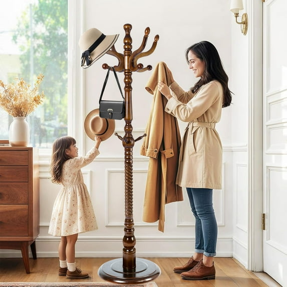 Wooden Coat Rack Stand, Vintage Natural Birch Wood Coat Racks Freestanding, Solid Coat Tree Stand with 9 Hooks, Classic Sturdy Coat Racks Hall Tree for Entryway, Office