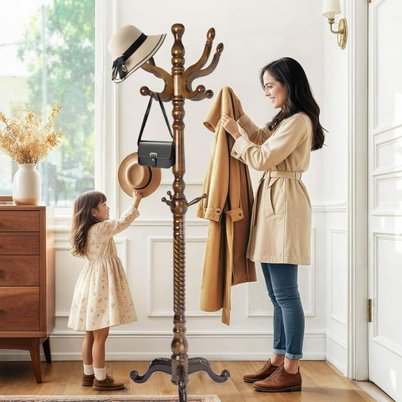 Wooden Coat Rack Stand, Vintage Natural Birch Wood Coat Racks Freestanding, Solid Coat Tree Stand with 9 Hooks, Classic Sturdy Coat Racks Hall Tree for Entryway, Office
