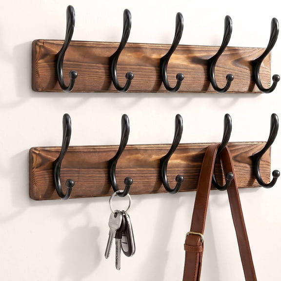 Wooden Coat Rack Wall Mount, 2PCS 5 Double Hooks, Natural Pine Board