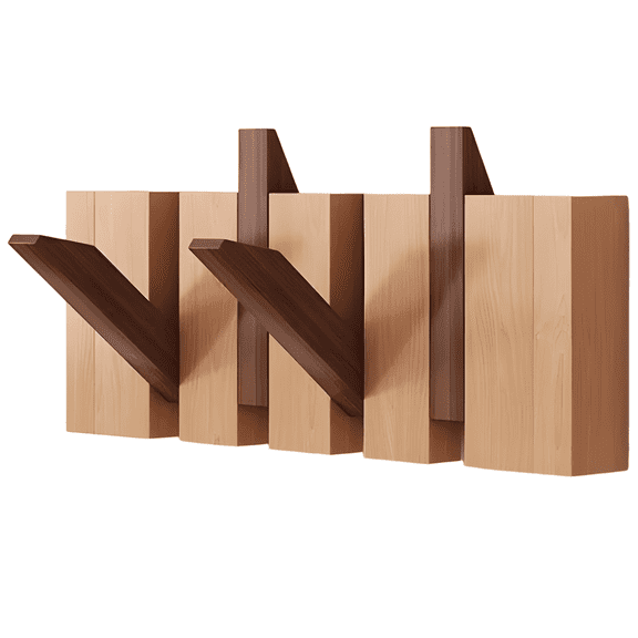 Wooden Coat Rack Wall Mount, Solid Beech Wood Piano Key Rack with 4 Flip Down Hooks, Color Block Design, 11.8 x 4.7 x 1.4 in / 30 x 12 x 3.5 cm, for Entryway, Bedroom, and More