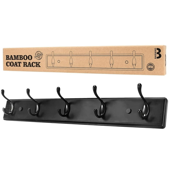 Wooden Coat Rack, Wall-Mounted Organizer for Closet, Entryway, Hallway, Foyer, Bedroom, Heavy Duty Double Hooks for Hanging Towels, Bags, Hats, Jackets, Key (Black, 5 Hooks)