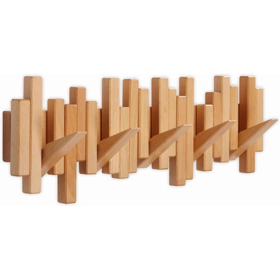 Wooden Coat Rack Wall Mounted Sticks Multi Rack Solid Handmade Natural Beech Wood Artwork with 5 Flip-Down Unique Modern Hooks for Coats Bag Hat Umbrella