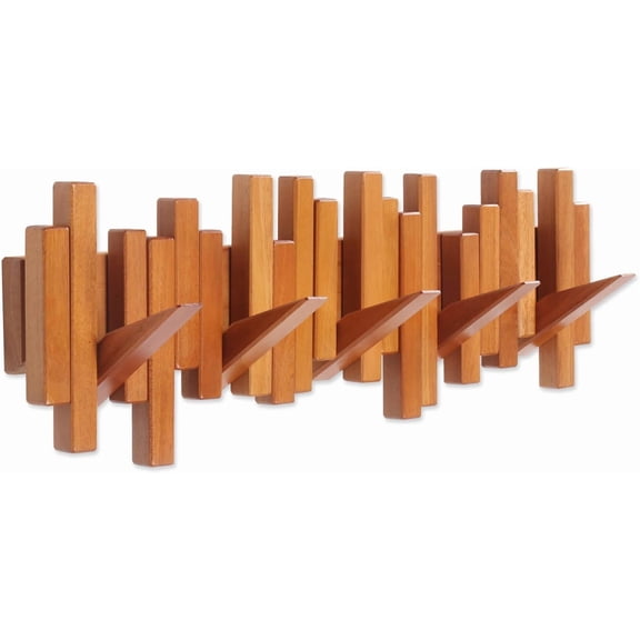 Wooden Coat Rack Wall Mounted Sticks Multi Rack Solid Handmade Natural Cherry Wood Artwork with 5 Flip-Down Unique Modern Hooks for Coats Bag Hat Umbrella