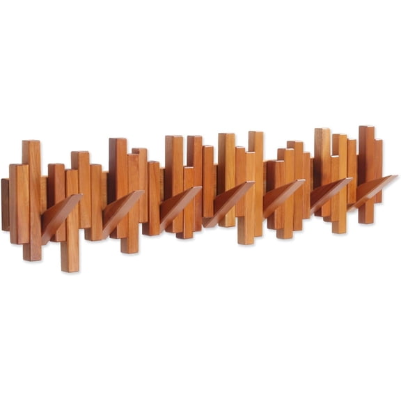 Wooden Coat Rack Wall Mounted Sticks Multi Rack Solid Handmade Natural Cherry Wood Artwork with 7 Flip-Down Unique Modern Hooks for Coats Bag Hat Umbrella