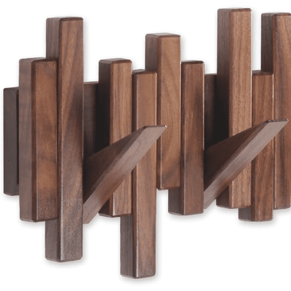 Wooden Coat Rack Wall Mounted Sticks Multi Rack Solid Handmade Natural Walnut Wood Artwork with 5 Flip-Down Unique Modern Hooks for Coats Bag Hat Umbrella