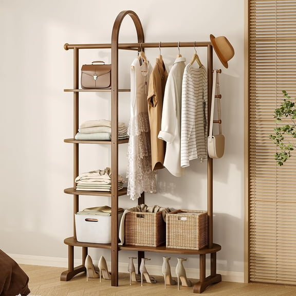 Wooden Coat Rack with Wheels, 2 Shelves and 5 Hooks, Rolling Freestanding Clothes Rack with Shoe Storage,Rubber Wood Garment Rack for Entryway Bedroom Small Spaces, Walnut