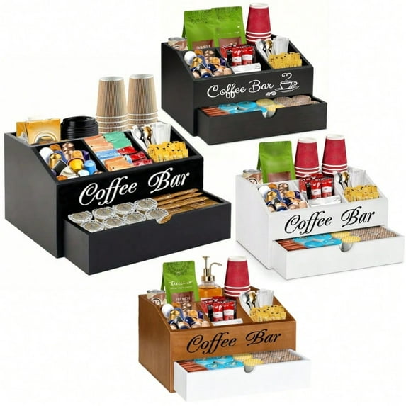 Wooden Coffee Bar Organizer with Drawer – Countertop Coffee Pod Holder