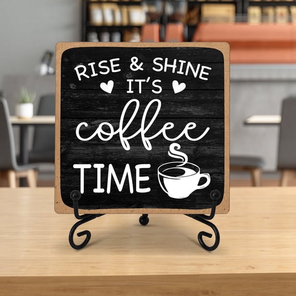 Wooden Coffee Bar Sign Coffee Bar Decor, Coffee Bar Decorations Black and White with Iron Stand Bar Tabletop Shelf Accessories, Coffee Signs Decors for Coffee Station Home Farmhouse Kitchen & Office