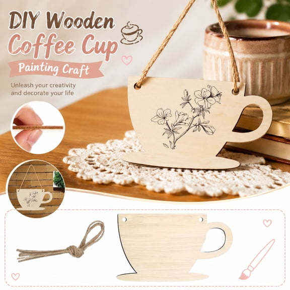 Wooden Coffee Cutout Slices, Unfinished DIY Paintable, 50 Pack with 50 Natural Jute Twine Hanging Ropes, for Home Wall Decor Art Craft Projects Kids Holiday Party Ornaments