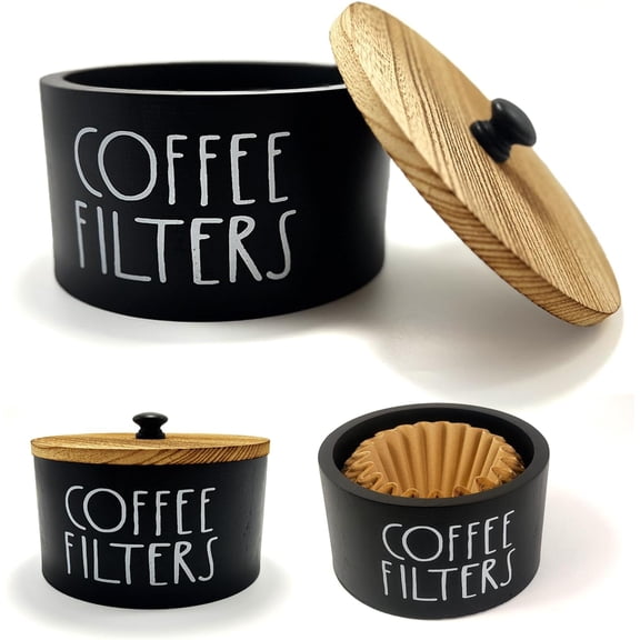 Wooden Coffee Filter Holder With Lid-Rustic Storage Container and Dispenser Basket for Coffee Bar Decor, Farmhouse Accessories(Black)