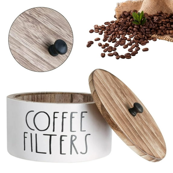 Wooden Coffee Filter Holder With Lid - Rustic Storage Container and Dispenser Basket for Coffee Bar Decor, Farmhouse Accessories - White，1PC