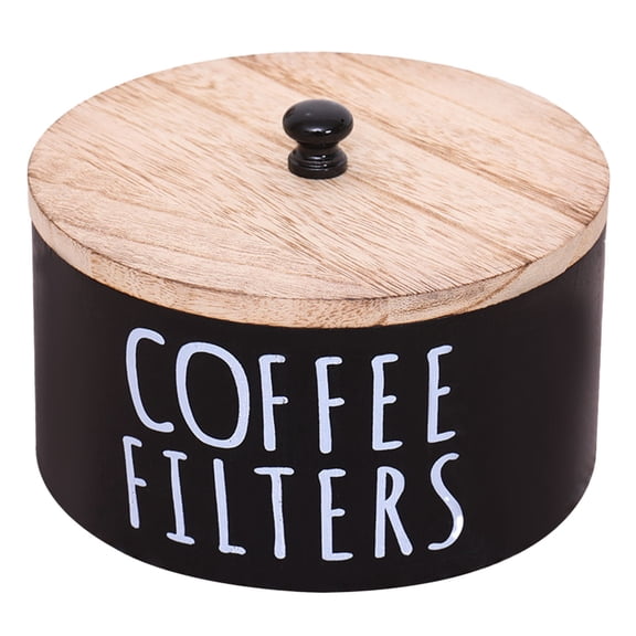 Wooden Coffee Filter Holder with Lid, Large Capacity Storage Dispenser for Round Filters, Includes 50 Filters, Barista Organizer,Black - 16X9cm