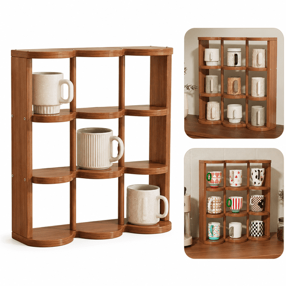9-Grid Wooden Coffee Mug Display Rack, Freestanding Countertop Mug Organizer Shelf for Coffee Bar, Kitchen Counter, Rustic Cup Storage Stand