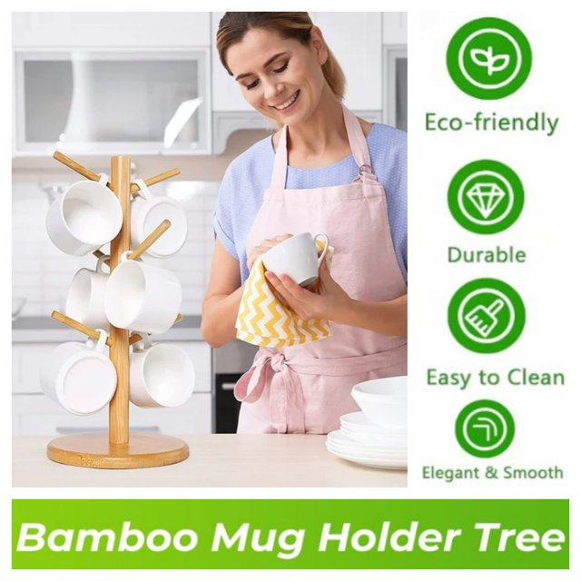 Wooden Coffee Mug Tree Holder Bamboo Coffee Cup Stand Countertop Mug