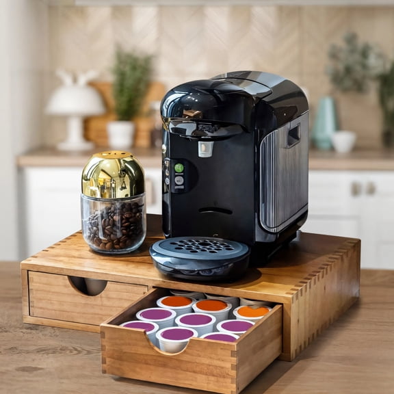 Wooden Coffee Pod Organizer for Keurig K Cups, Dual-Drawer Countertop Storage, Space-Saving Design with Natural Wood Grain, Handcrafted Kitchen Office Solution