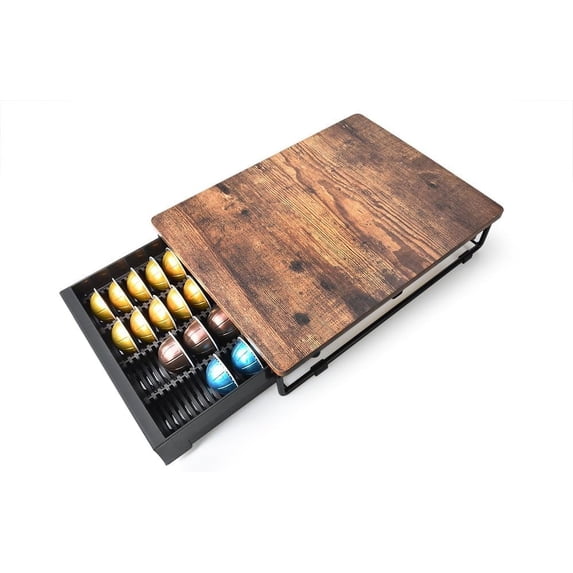 Wooden Coffee Pod Storage Drawer Holder Compatible with Nespresso Vertuoline Capsules, Rustic Brown